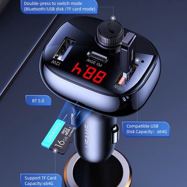 Автомобильное зарядное устройство Usams US-CC143 C25 50W 2A+C 3 Ports Digital Display Wireless FM Car Charger