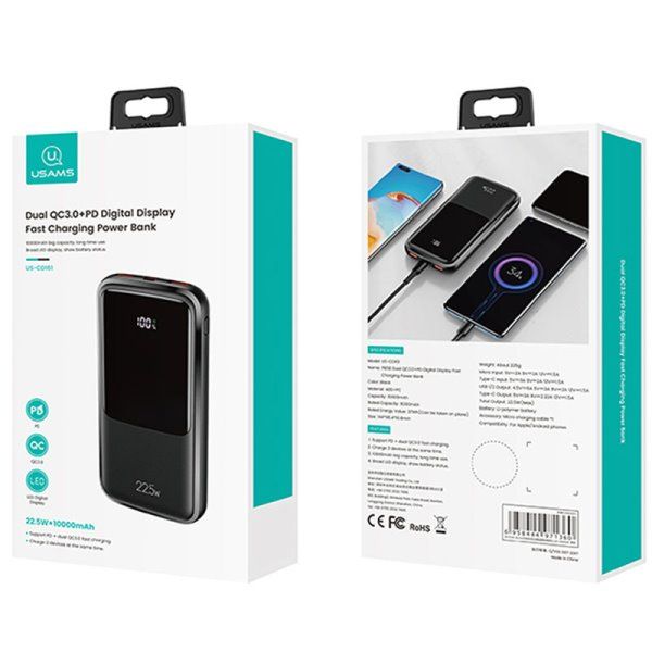 Портативное зарядное устройство Usams US-CD161 PB58 Dual QC3.0+PD Digital Display 10000mAh