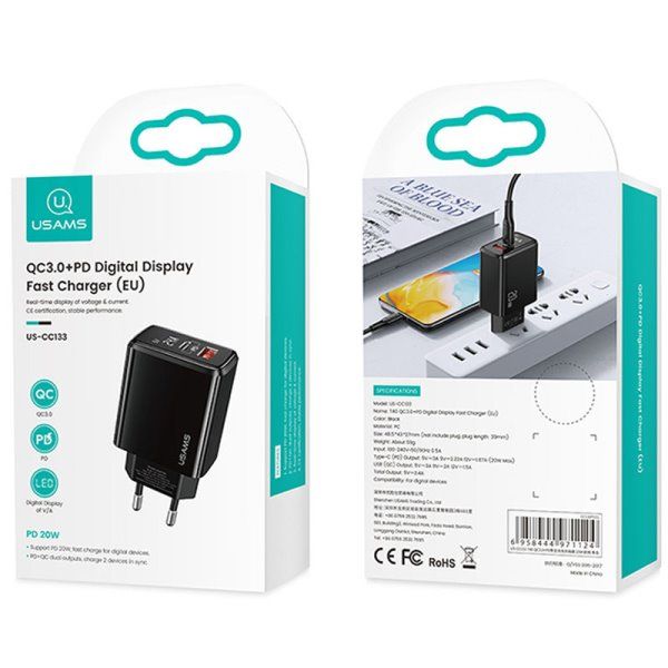 Зарядное устройство сетевое Usams US-CC133 T40 QC3.0 + PD 20W
