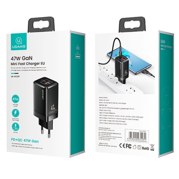 Зарядное устройство сетевое Usams US-CC137 T41 47W GaN PD + QC Mini