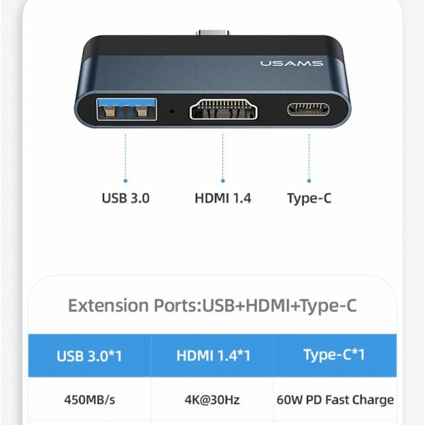 Переходник HUB Usams US-SJ492 Type-C Mini Hub (USB + HDMI + Type-C)