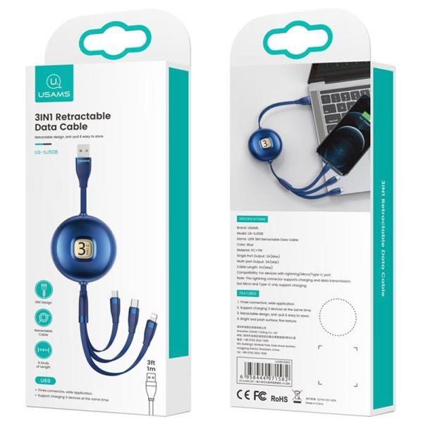 Дата кабель Usams US-SJ508 U69 3IN1 Retractable Cable 1m
