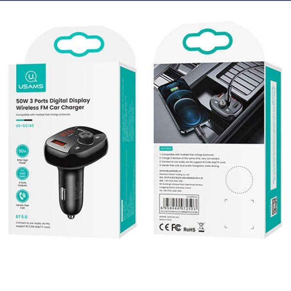 Автомобильное зарядное устройство Usams US-CC143 C25 50W 2A+C 3 Ports Digital Display Wireless FM Car Charger