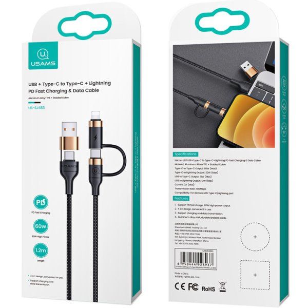 Дата кабель Usams US-SJ483 U62 USB + Type-C to Type-C + Lightning PD (1.2m)