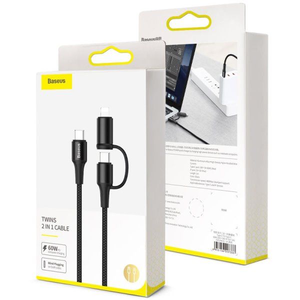 Дата кабель Baseus Twins 2in1 cable Type-C to Type-C 60W (20V/3A) + Lightning 18W (9V/2A) (1m)
